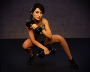 Картинка 3д+графика люди+ people гантели фон взгляд девушка