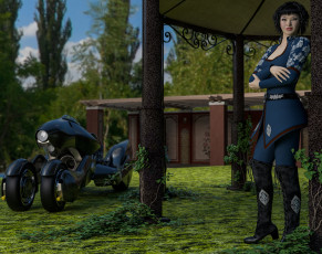 Картинка 3д+графика люди+ people девушка взгляд фон мотоцикл