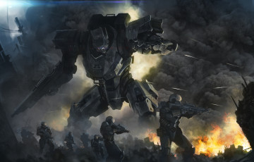 Картинка фэнтези роботы +киборги +механизмы робот сражение дым огонь стрельба оружие