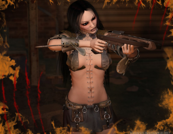 Обои картинки фото 3д графика, фантазия , fantasy, оружие, фон, взгляд, девушка