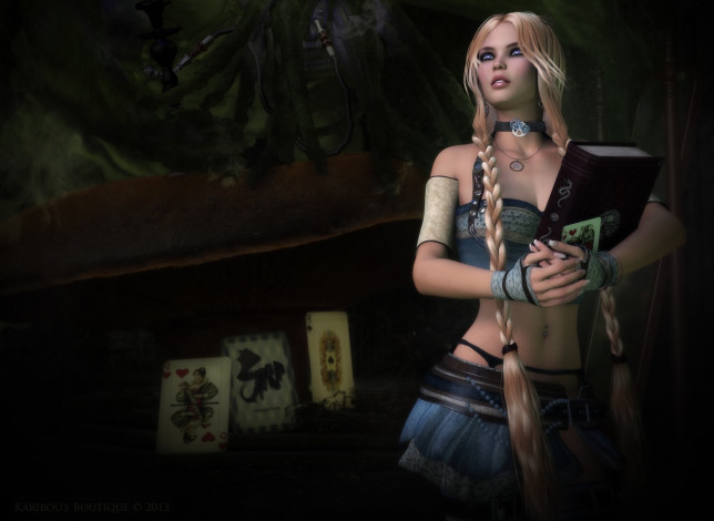 Обои картинки фото 3д графика, фантазия , fantasy, взгляд, фон, книга, карты, девушка