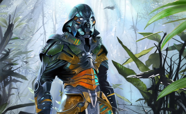 Обои картинки фото фэнтези, роботы,  киборги,  механизмы, джунгли, растения, робот, броня