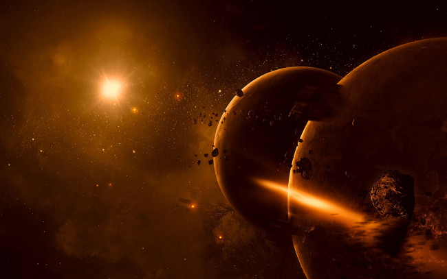 Обои картинки фото космос, арт, метеориты, галактика, вселенная, звезды, планеты