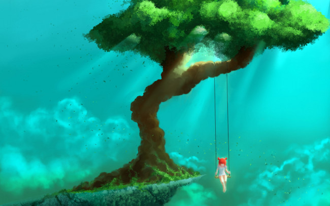 Обои картинки фото рисованное, дети, облака, обрыв, качели, дерево, девочка