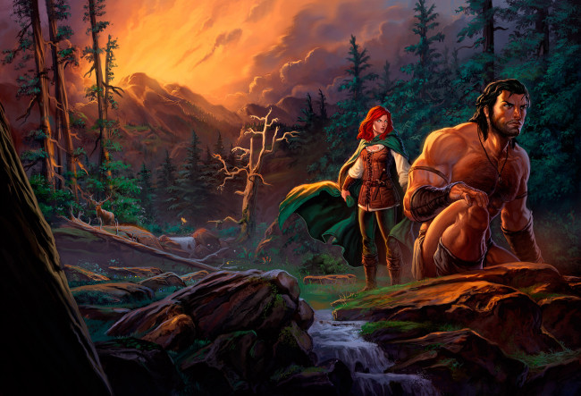 Обои картинки фото фэнтези, люди, арт, мужчина, девушка, лес, небо, облака, деревья