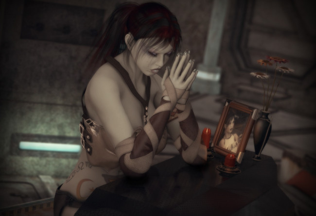 Обои картинки фото 3д графика, люди , people, свечи, цветы, ваза, фотография, фон, взгляд, девушка