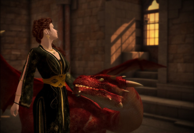 Обои картинки фото 3д графика, фантазия , fantasy, девушка, взгляд, фон, дракон