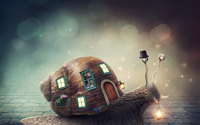Обои картинки фото фэнтези, фотоарт, цветы, окна, улитка, шляпа, фонарь, домик