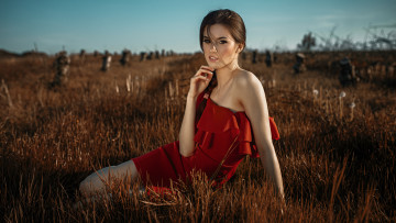 Картинка девушка девушки -unsort+ брюнетки темноволосые модель красное+платье женщины+на+улице natalia+szalagan полька косички damian+piorko