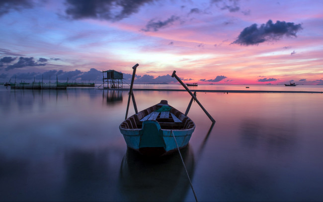 Обои картинки фото корабли, лодки,  шлюпки, река, лодка, закат