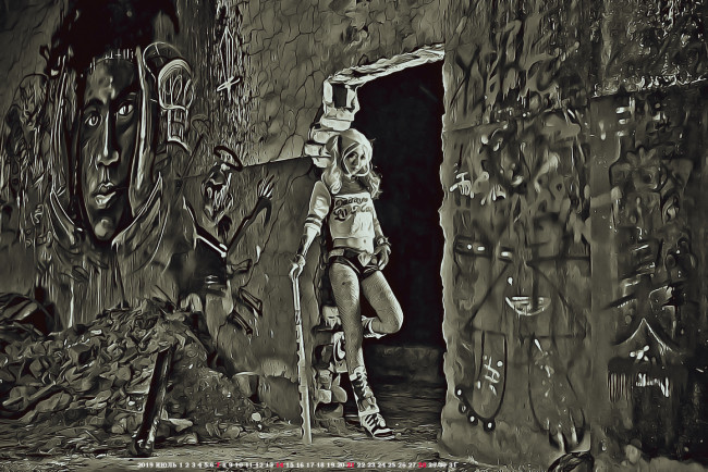 Обои картинки фото календари, компьютерный дизайн, девушка, 2019, calendar, граффити, женщина, стена, проем