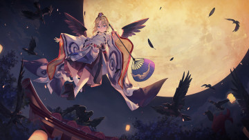 Картинка аниме onmyouji девочка опахало птицы луна