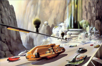 Картинка фэнтези иные+миры +иные+времена город скалы дорога транспорт