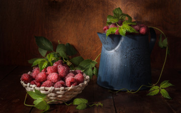 Картинка еда малина корзинка ягоды листья