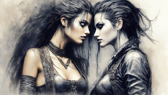 Обои картинки фото две девушки вместе, рисованное, живопись, девушка, украшения, стиль, девушки, макияж, наряд, две, брюнетки, закрытые, глаза, готессы, имитация, живописи, ии-арт, нейросеть