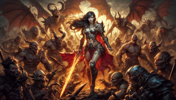 обоя фэнтези, красавицы и чудовища, девушка, плащ, броня, меч, демоны