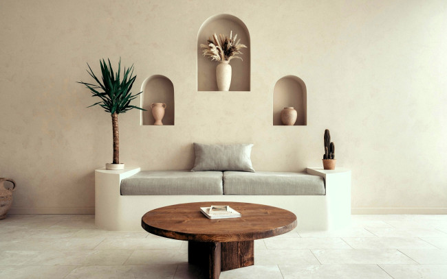 Обои картинки фото интерьер, гостиная, стол, книга, диван, подушка, пальма, ниши, вазы