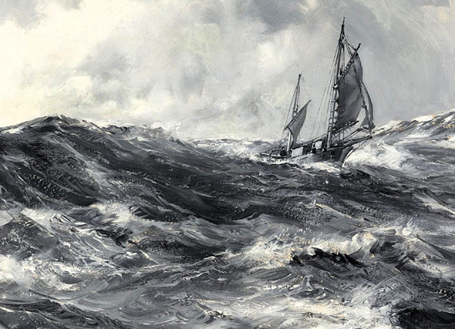 Обои картинки фото рисованное, montague dawson, корабль, море, шторм, парусник