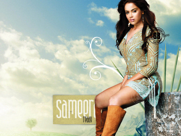 Обои картинки фото Sameera Reddy, девушки, сапоги, туника, камень, брюнетка