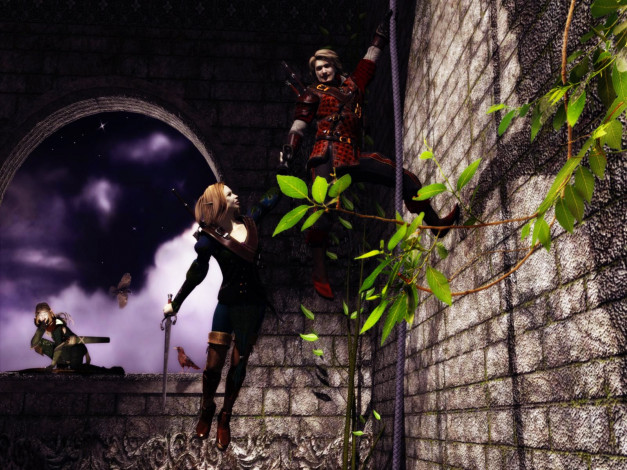 Обои картинки фото 3д, графика, elves, эльфы, верёвка, стена