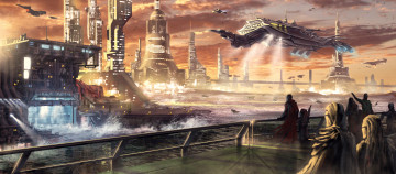 Картинка фэнтези иные+миры +иные+времена будущие река мегаполис город