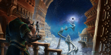 Картинка фэнтези иные+миры +иные+времена девушка облака путь портал замок носорог дорога путешественник