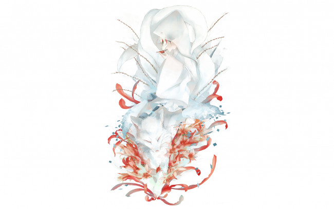 Обои картинки фото аниме, -animals & creatures, art, re, девушка, маска, лиса, цветы