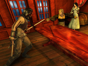 Картинка 3д+графика фантазия+ fantasy фон взгляд девушка оружие стол мужчины