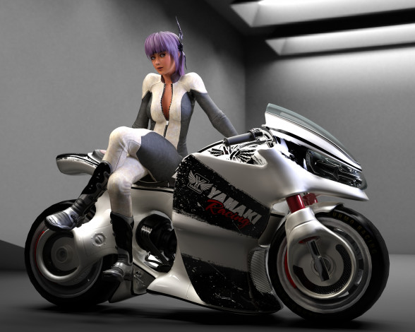 Обои картинки фото мотоциклы, 3d, мотоцикл, фон, девушка, взгляд