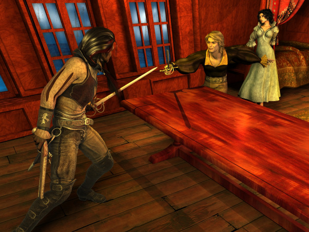 Обои картинки фото 3д графика, фантазия , fantasy, фон, взгляд, девушка, оружие, стол, мужчины