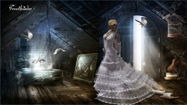 Обои картинки фото 3д графика, фантазия , fantasy, гитара, взгляд, птицы, картина, девушка, фон