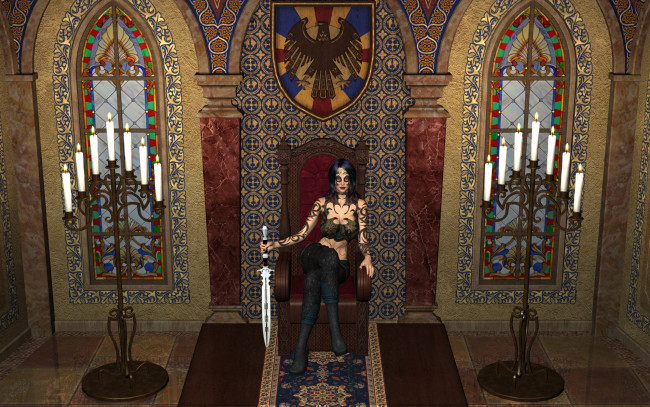 Обои картинки фото 3д графика, фантазия , fantasy, тату, оружие, фон, взгляд, девушка