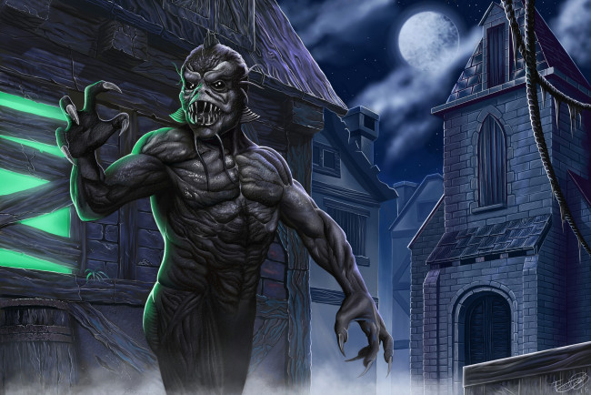 Обои картинки фото фэнтези, существа, здания, лунная, ночь, существо, чудовище, монстр