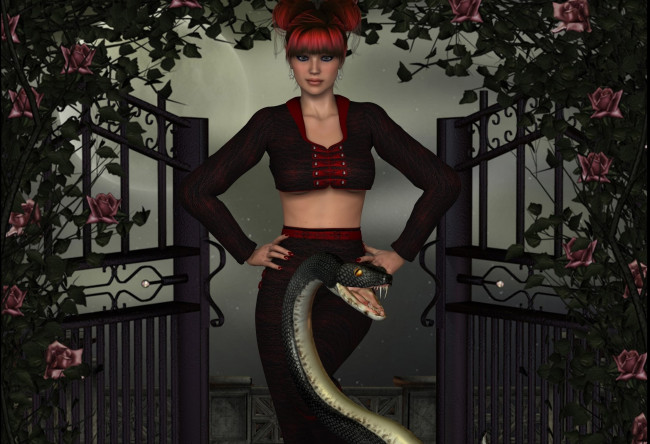 Обои картинки фото 3д графика, фантазия , fantasy, змея, фон, взгляд, девушка