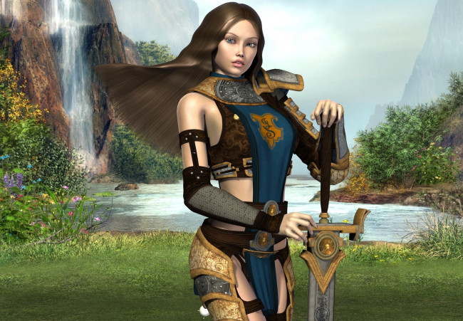 Обои картинки фото 3д графика, амазонки , amazon, девушка, взгляд, фон, оружие