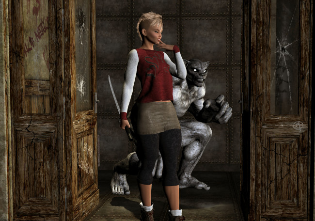 Обои картинки фото 3д графика, фантазия , fantasy, существо, фон, взгляд, девушка