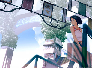 Картинка аниме город +улицы +здания девушка взгляд фон