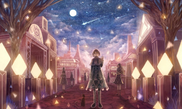 Картинка аниме город +улицы +здания девочки