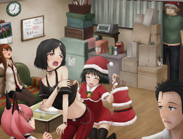 Обои картинки фото steins, gate, аниме, фон, взгляд, девушки