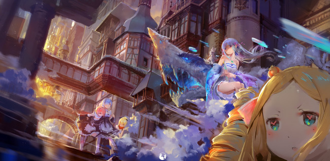 Обои картинки фото аниме, re,  zero kara hajimeru isekai seikatsu, город, персонажи, арт, эмилия, рам, рем