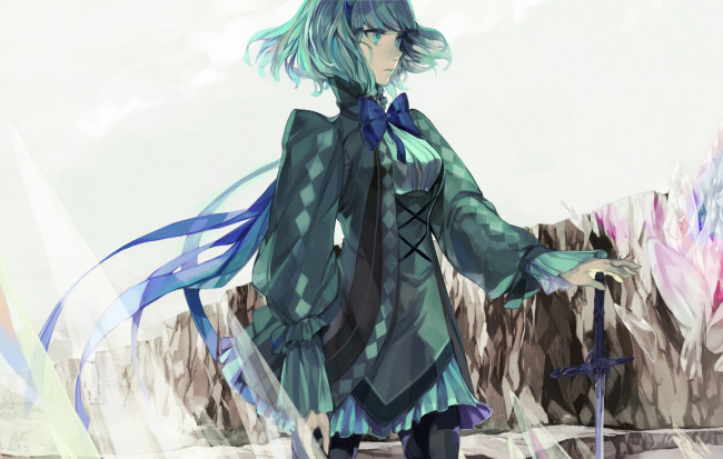 Обои картинки фото аниме, оружие,  техника,  технологии, фон, взгляд, девушка