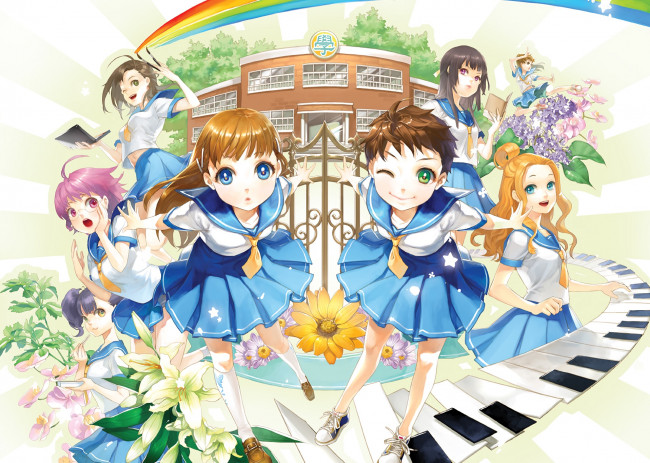 Обои картинки фото аниме, unknown,  другое, фон, девушки, взгляд