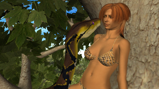 Обои картинки фото 3д графика, фантазия , fantasy, фон, взгляд, девушка, змея