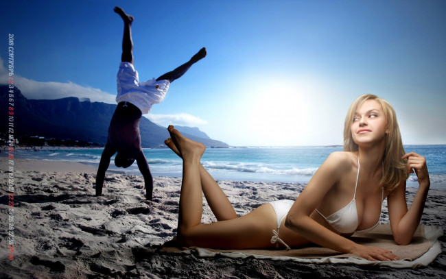 Обои картинки фото календари, девушки, парень, юноша, водоем, песок, пляж