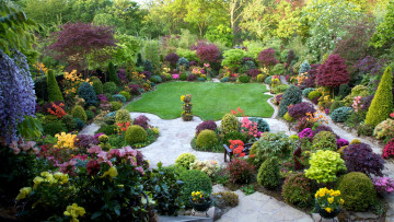 Картинка природа парк лужайка клумбы цветущие кусты