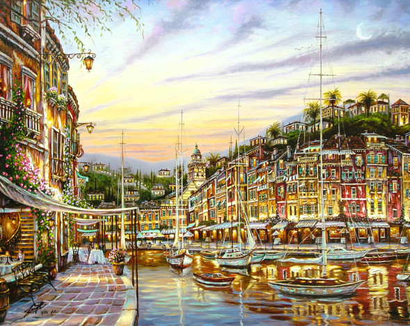 Обои картинки фото рисованное, robert finale, город, дома, река, лодки, яхты
