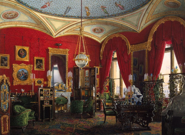 Обои картинки фото рисованное, эдуард гау, дворец, интерьер, комната, лепнина, люстра, столы, стулья, окна, свечи