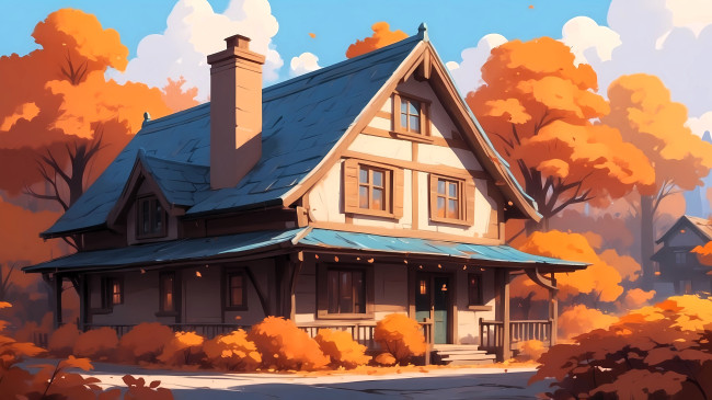 Обои картинки фото рисованное, города, дом, осень, деревья, листья