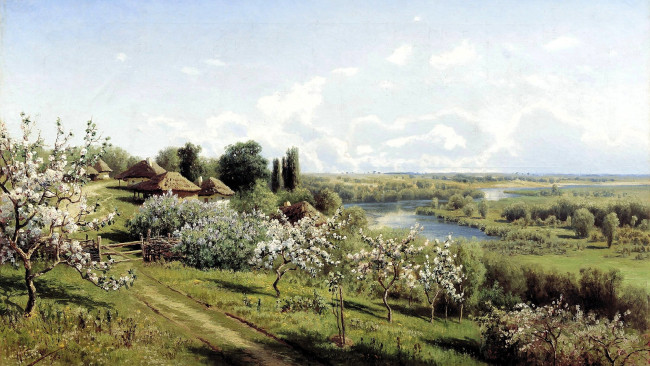 Обои картинки фото николай сергеев, рисованное, деревня, дома, деревья, сад, река, весна, цветение
