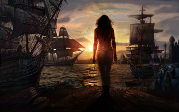 Картинка фэнтези девушки парусники порт девушка